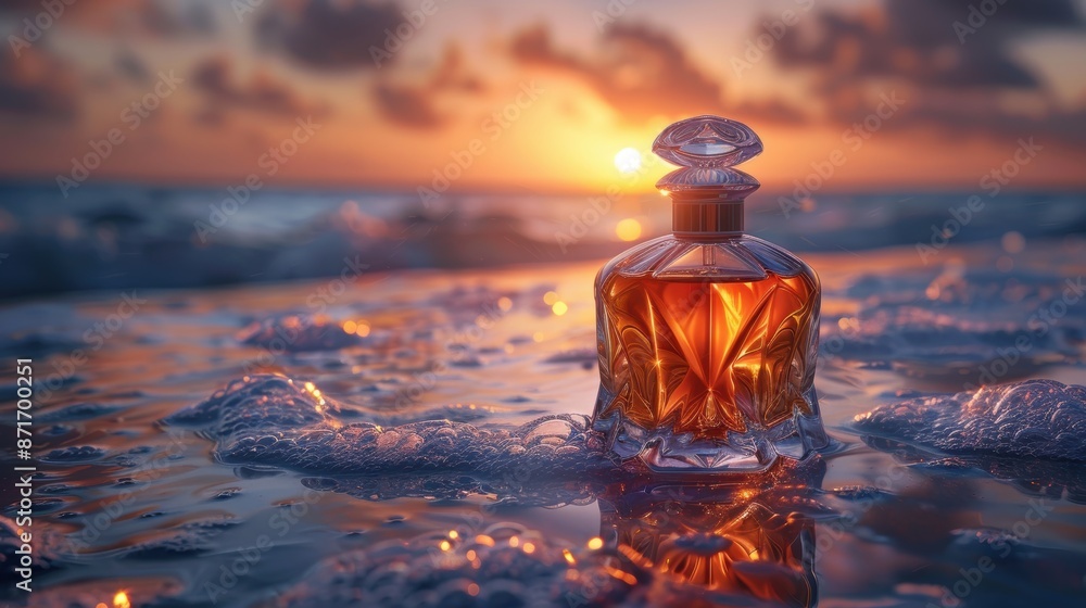 A luxurious perfume bottle rests elegantly on the beach at sunset, illuminated by golden hues and surrounded by gentle ocean waves. A luxurious perfume bottle rests elegantly on the beach at sunset, illuminated by golden hues and surrounded by gentle ocean waves.
