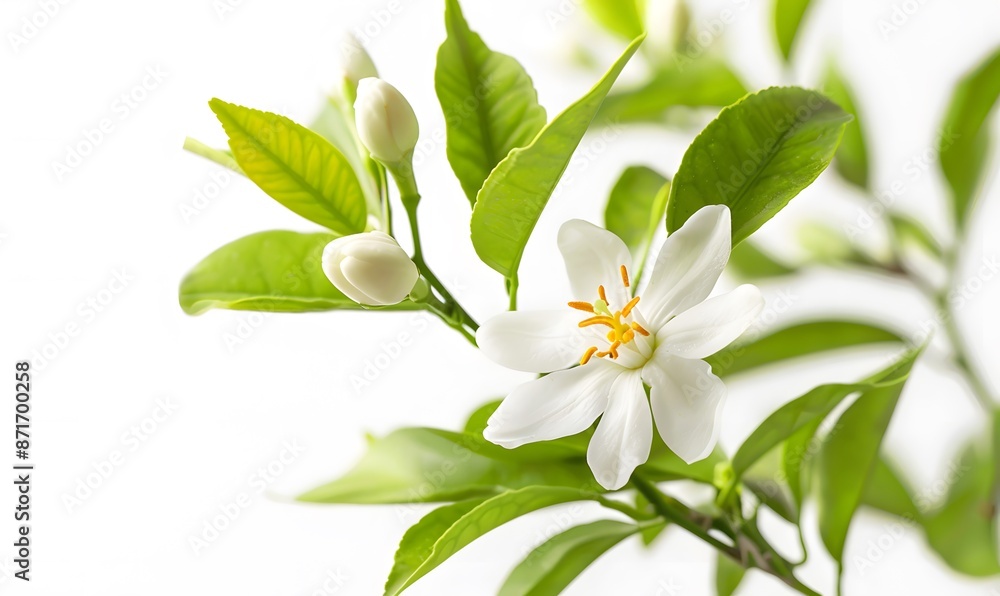 White Neroli Blossom on Orange Tree Branch Close-Up Against White Background, Generative AI White Neroli Blossom on Orange Tree Branch Close-Up Against White Background, Generative AI