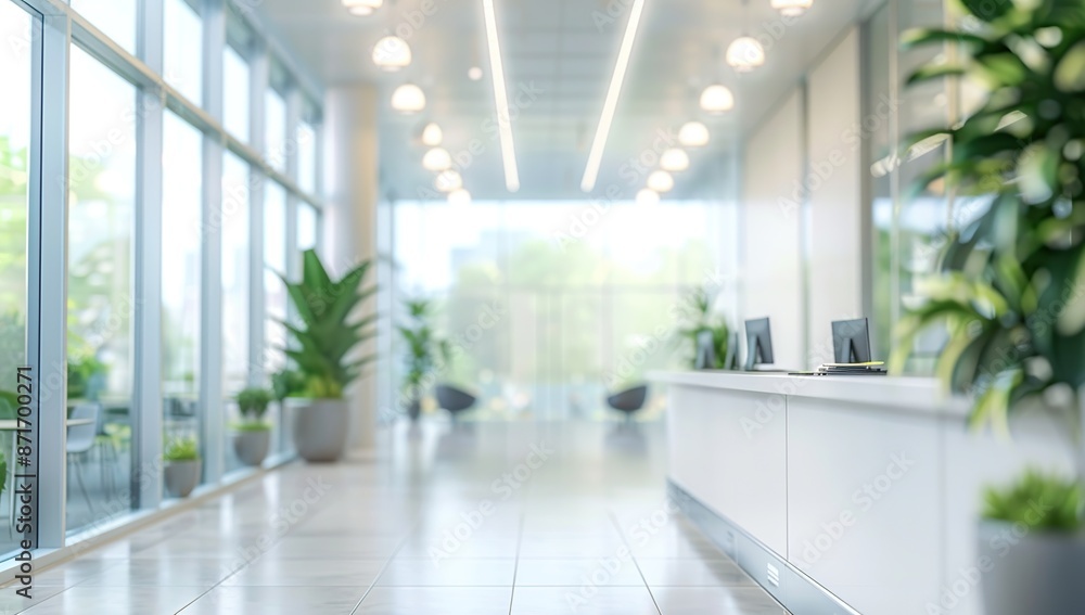 Modern Office Lobby with Glass Windows and Greenery Modern Office Lobby with Glass Windows and Greenery