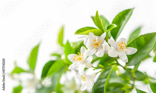 White Neroli Blossom on Orange Tree Branch Close-Up Against White Background, Generative AI © simba kim