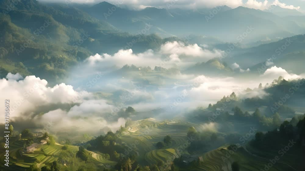 Ethereal green terraces against foggy mountain backdrops Ethereal green terraces against foggy mountain backdrops
