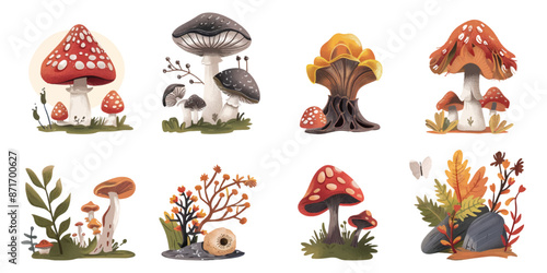 Set of illustrations of mushrooms and leaves on a white background.
