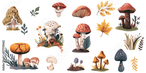 Set of illustrations of mushrooms and leaves on a white background.