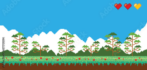 Pixel art game background. Retro 8 bit video game interface. Old compute pixel art. Banner of pixel-game. Vector cartoon illustration