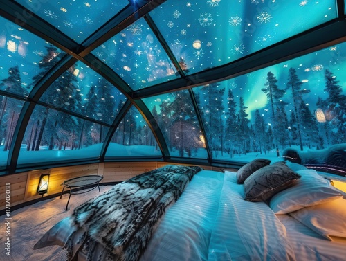 glass igloo under northern lights cozy interior starry sky view kakslauttanen arctic resort magical winter landscape in lapland finland photo