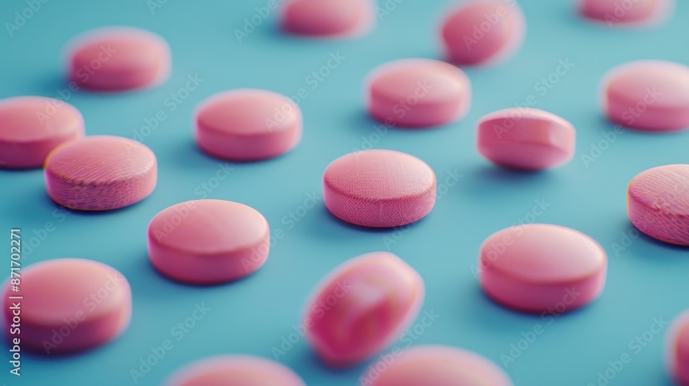 Pink circular pills placed on a blue surface Pink circular pills placed on a blue surface