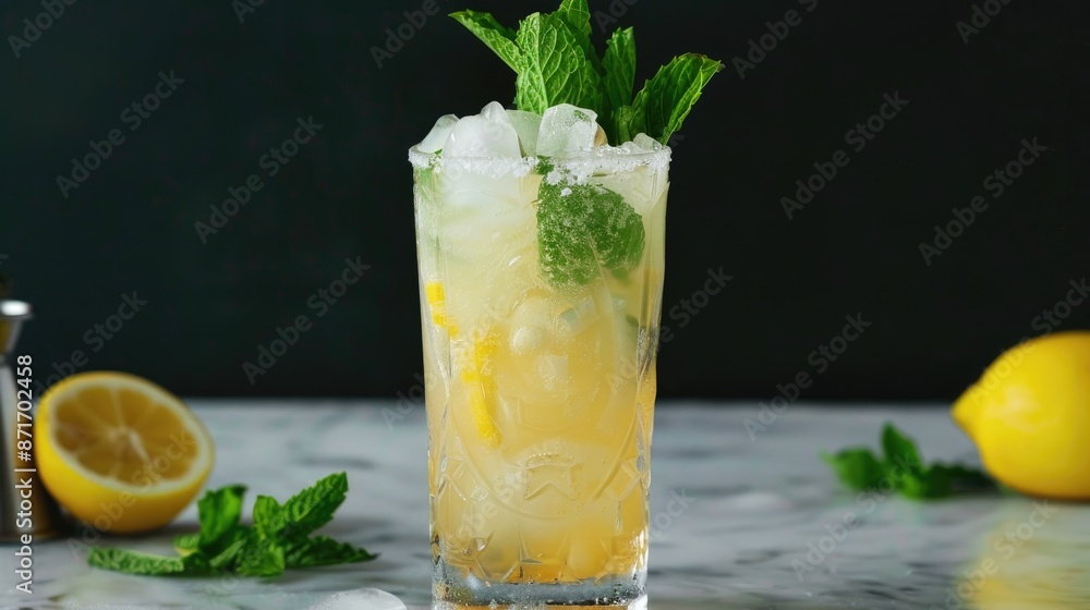 Fototapeta premium Rum Mojito Cocktail with sugar lemon mint and soda