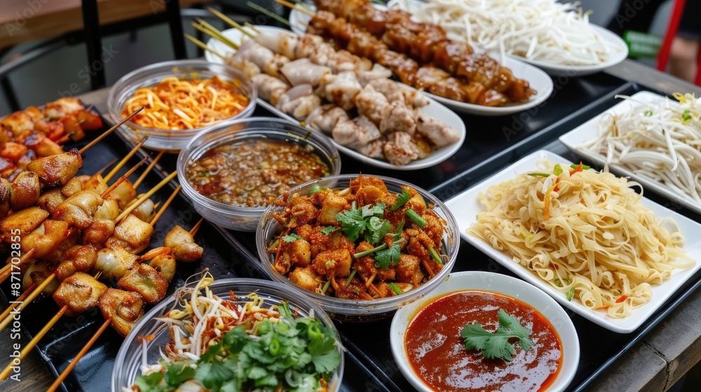 Exotic Thai street food with pad Thai, satay skewers and vibrant dipping sauces Exotic Thai street food with pad Thai, satay skewers and vibrant dipping sauces