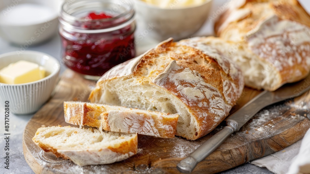 Freshly baked artisan bread golden crust, sliced and served butter and jam Freshly baked artisan bread golden crust, sliced and served butter and jam