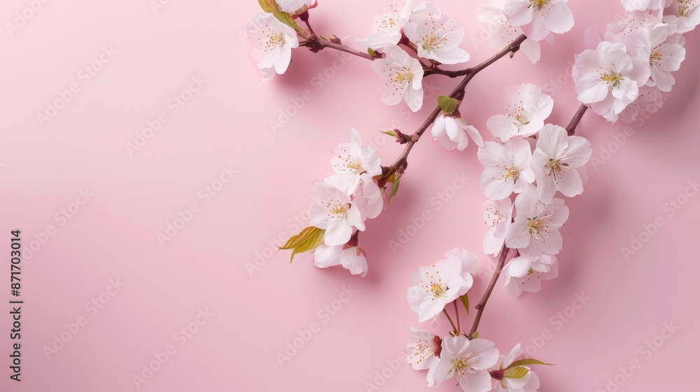 White cherry blossoms on pink background top view with space for text White cherry blossoms on pink background top view with space for text