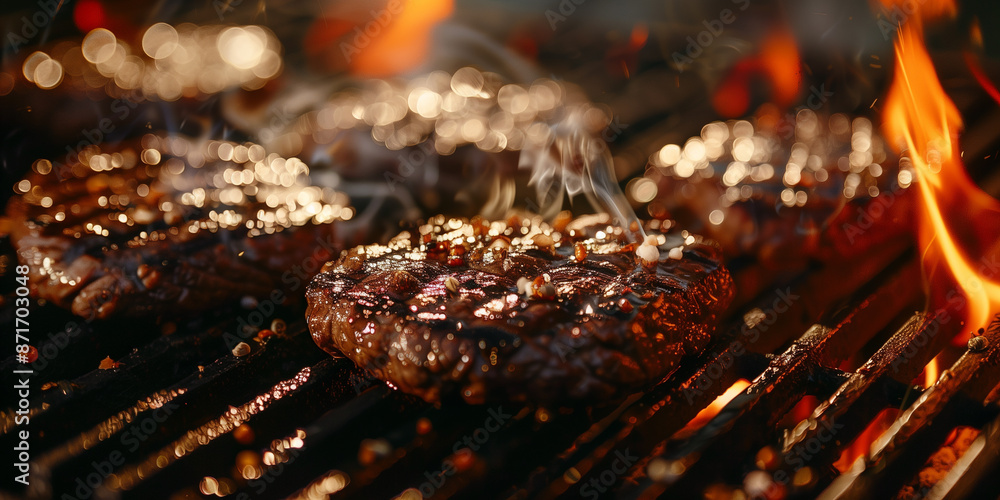 Close-up of grilled beef steaks sizzling on a hot grill with flames and smoke, ideal for BBQ, culinary, and food photography themes. Close-up of grilled beef steaks sizzling on a hot grill with flames and smoke, ideal for BBQ, culinary, and food photography themes.