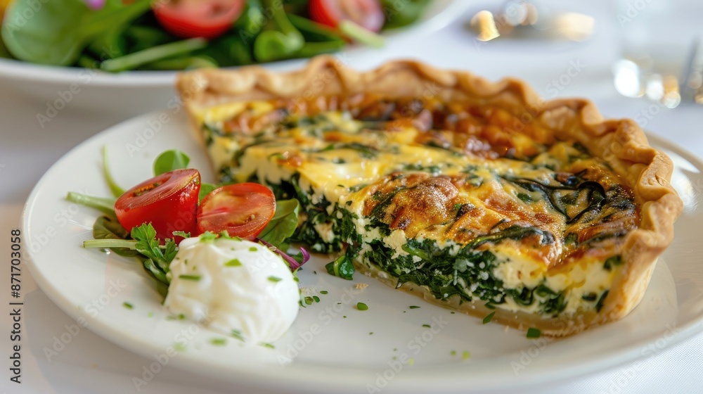 Freshly baked quiche with spinach, cheese, and a golden crust, served with a side salad Freshly baked quiche with spinach, cheese, and a golden crust, served with a side salad