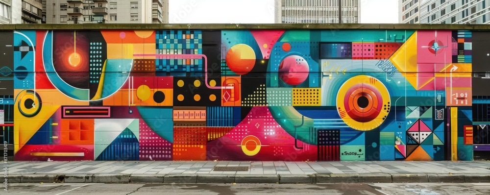 A modern street art mural with vibrant colors, geometric patterns, and abstract designs on a city wall, Futuristic, High-tech, Digital Art A modern street art mural with vibrant colors, geometric patterns, and abstract designs on a city wall, Futuristic, High-tech, Digital Art