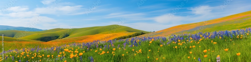 A field of flowers with a blue sky in the background A field of flowers with a blue sky in the background