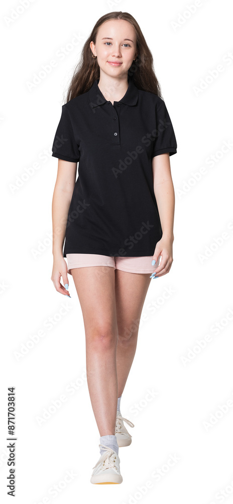 Png sporty girl in black polo shirt and shorts full body youth apparel studio shoot