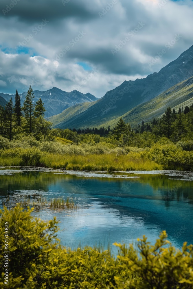 Fototapeta premium A beautiful mountain landscape with a large body of water in the foreground. The water is a deep blue color and the sky is cloudy. The scene is peaceful and serene