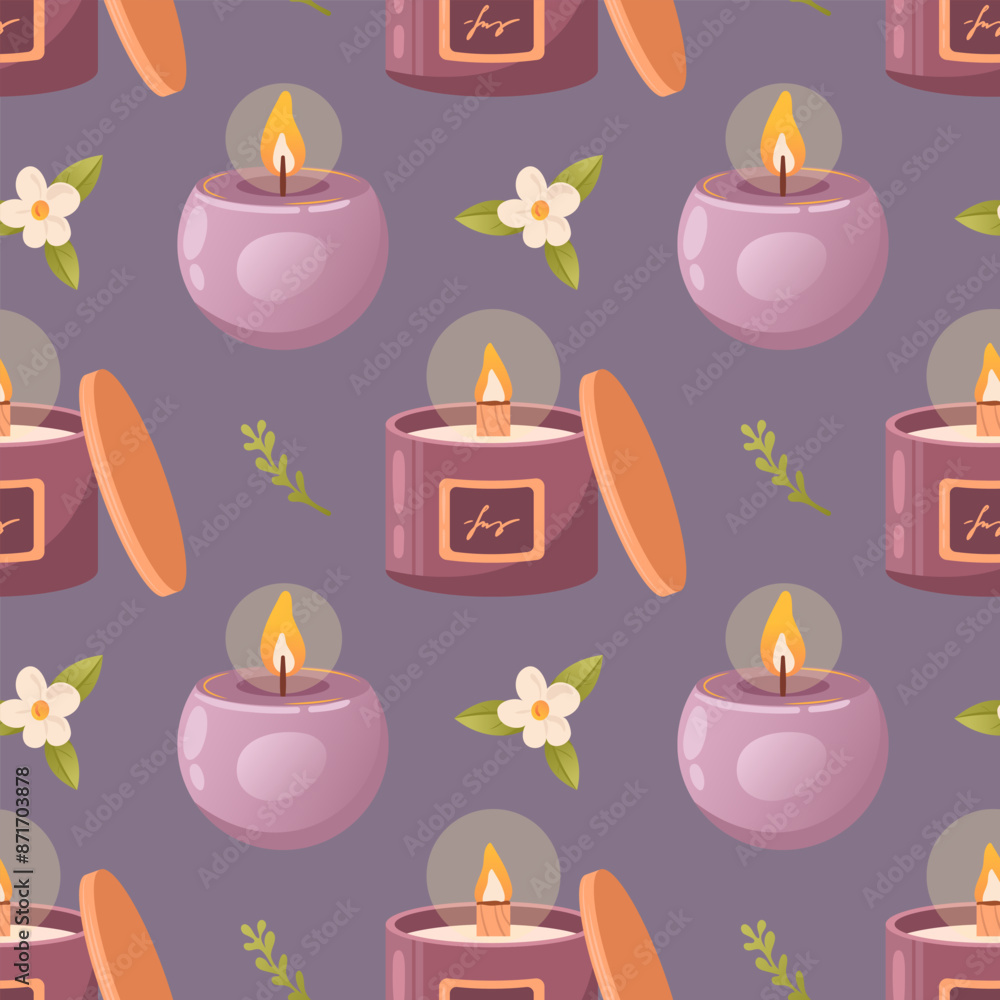 Scented burning soy candle in a glass with a wooden wick, round purple. Hygge, boho style, creating coziness, interior design. Aromatherapy, wellness, relaxation. Small business, handmade. Seamless Scented burning soy candle in a glass with a wooden wick, round purple. Hygge, boho style, creating coziness, interior design. Aromatherapy, wellness, relaxation. Small business, handmade. Seamless