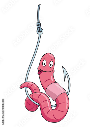 Cute worm character on hook. Fishing leisure icon. Funny symbol on fishing hook in cartoon style. Vector illustration