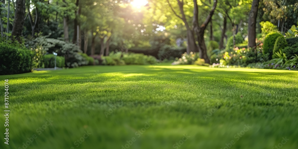 Obraz premium A lush green lawn with trees in the background. The grass is well-maintained and the trees provide shade
