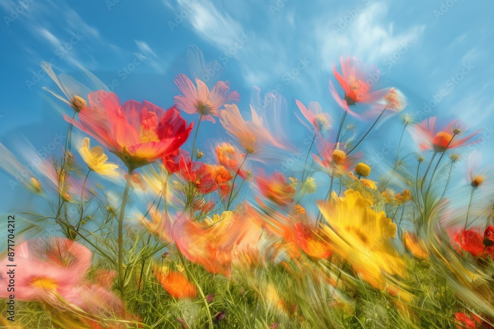 A blurry image of a field of flowers with a blue sky in the background. The flowers are in various colors, including pink, yellow, and orange A blurry image of a field of flowers with a blue sky in the background. The flowers are in various colors, including pink, yellow, and orange