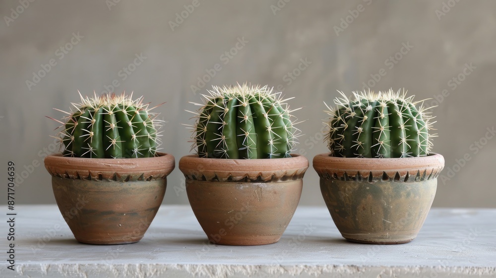 Prickly spherical cacti in pots for seasonal decor Prickly spherical cacti in pots for seasonal decor