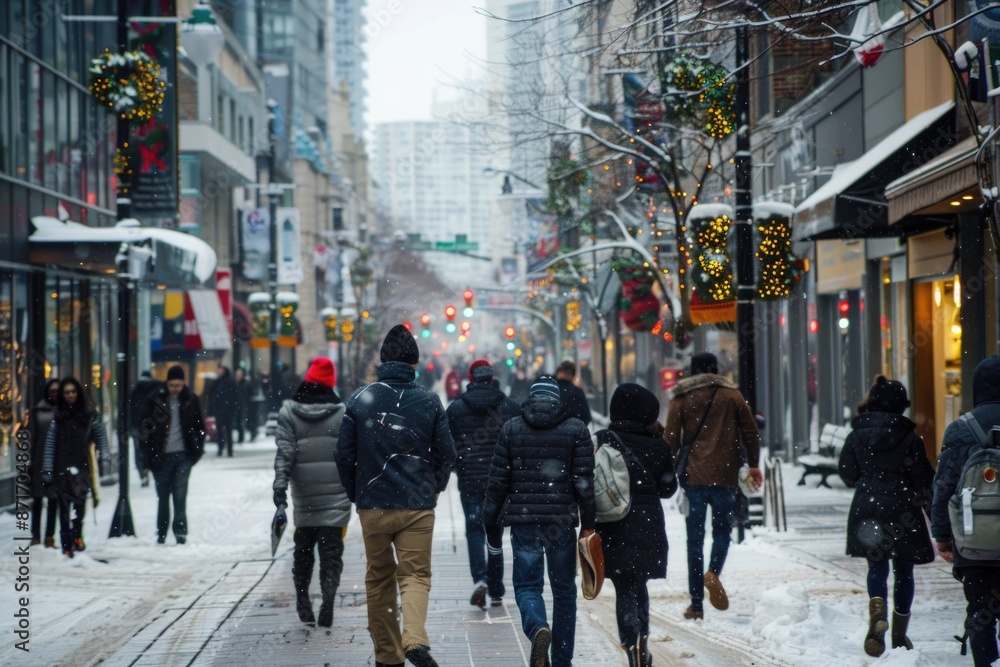 Urban Winter Scene with People Walking on Snowy Street and Festive Lights in the City Urban Winter Scene with People Walking on Snowy Street and Festive Lights in the City