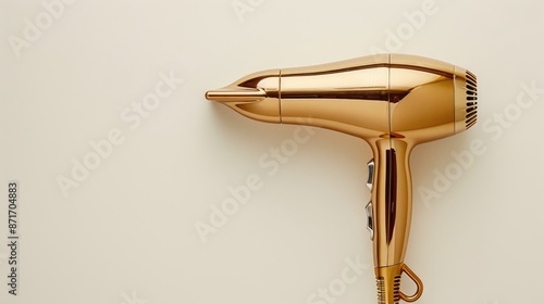 Top view of a gold hair dryer on a white background with space for text photo