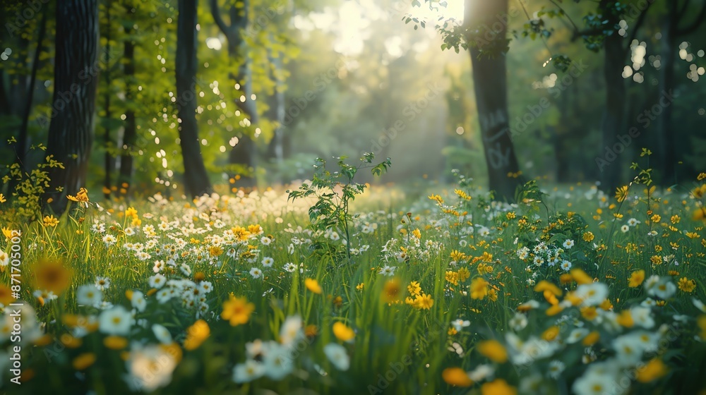 A serene forest glade with wildflowers and a soft breeze, ample copy space A serene forest glade with wildflowers and a soft breeze, ample copy space
