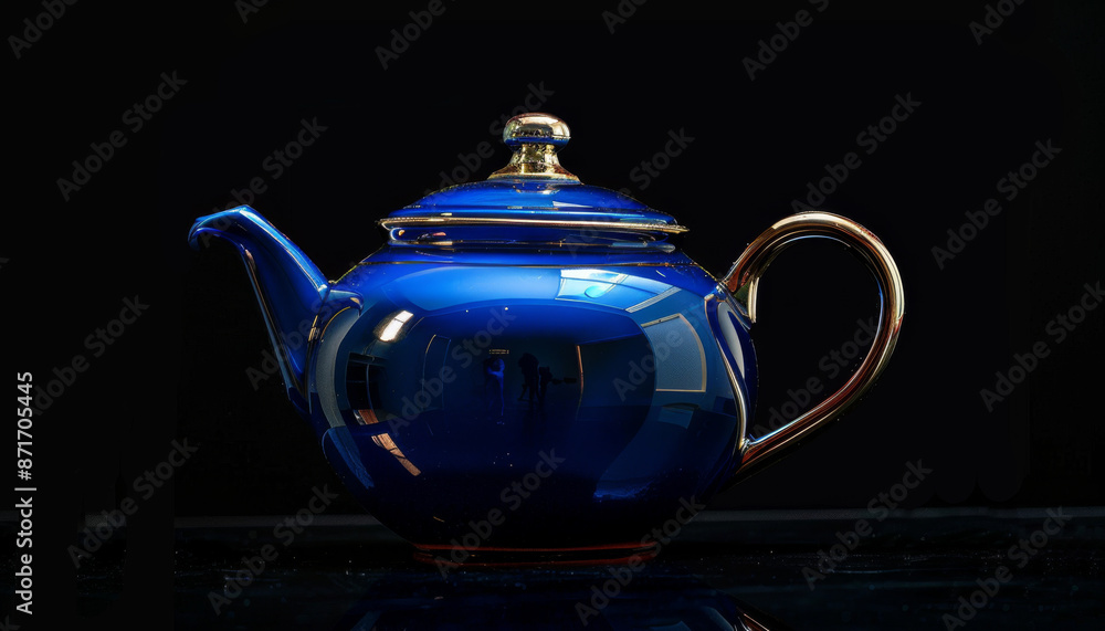 Blue Teapot with Golden Accents on Black Background