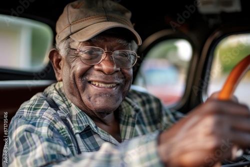 Elderly Man Wearing Cap and Glasses Smiling While Driving Vintage Car