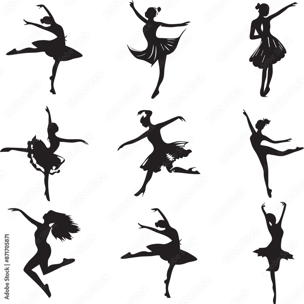 Fototapeta premium collection of dancing girls silhouette isolated on white background