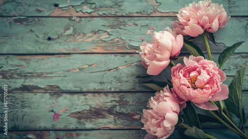 Fototapeta Naklejka Na Ścianę i Meble -  Vintage style photo of pink peonies on wooden surface with space for text