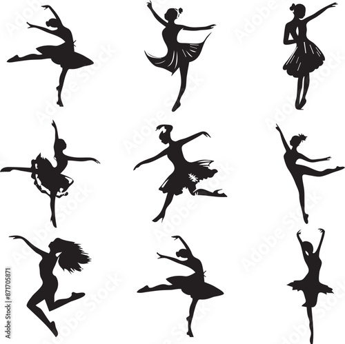 collection of  dancing girls silhouette isolated on white background