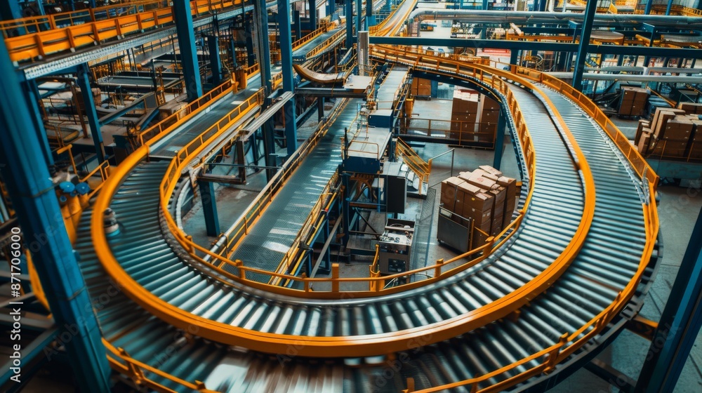 Obraz premium Conveyor Belt System in a Modern Warehouse