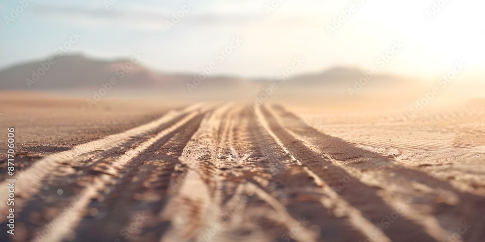 Naklejka premium Scorching Desert Road with Heat Waves Creating Mirage Effect. Concept Desert Scenery, Heatwaves, Mirage Effect, Scorching Sun, Arid Landscape