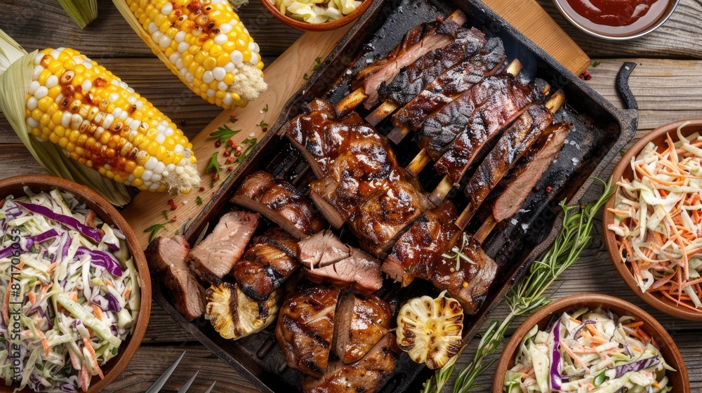 Rustic BBQ spread with grilled meats, corn Rustic BBQ spread with grilled meats, corn
