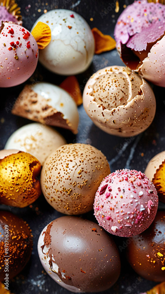 Obraz premium Close up of chocolate truffles and bonbons with a sprinkle of cocoa powder and dried rose petals