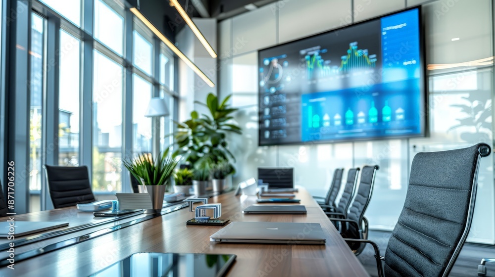 Modern Conference Room with Large Screen Display and Laptop Modern Conference Room with Large Screen Display and Laptop