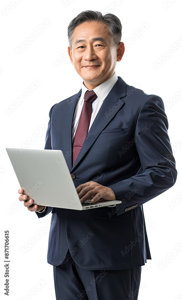 Portrait of senior executive businessman happy smiling and standing posing holding using laptop computer, Wear a blue suit and red tie, isolated on white background, png Portrait of senior executive businessman happy smiling and standing posing holding using laptop computer, Wear a blue suit and red tie, isolated on white background, png
