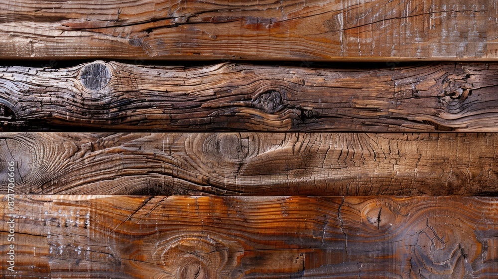 Rustic wooden planks with a weathered texture, showing rich grain and knots Rustic wooden planks with a weathered texture, showing rich grain and knots