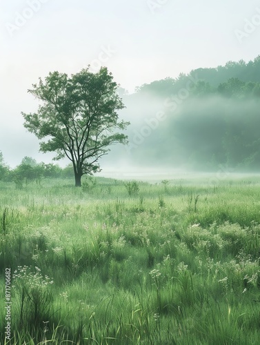 A serene nature scene with a misty morning over a meadow, ample copy space photo