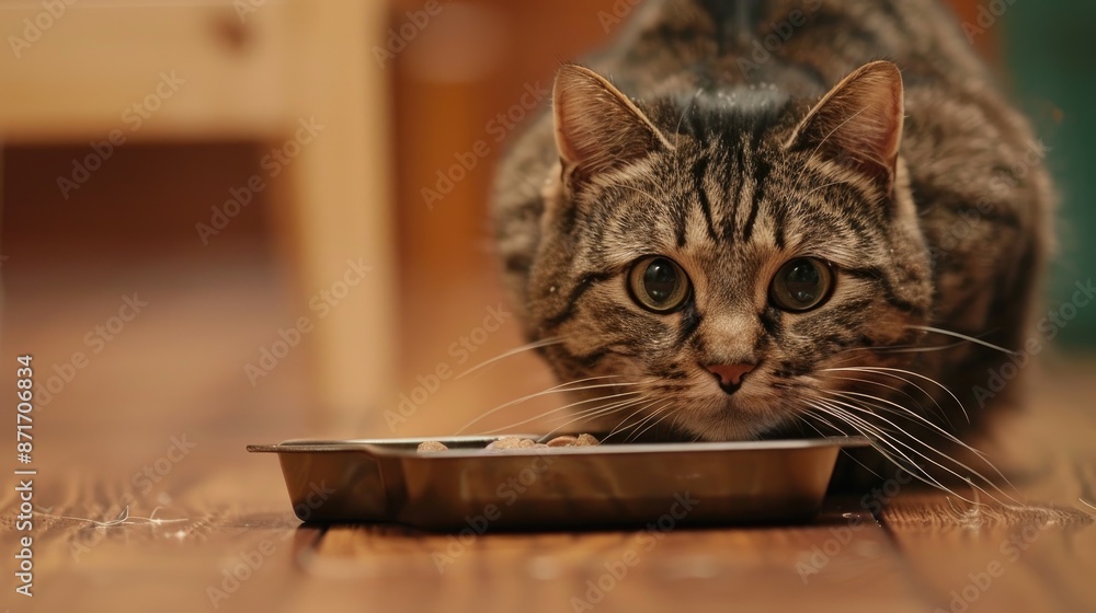 Tabby male cat close up with food tray on floor Tabby male cat close up with food tray on floor