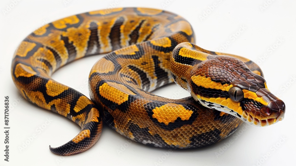 Obraz premium Spotted python against a white backdrop