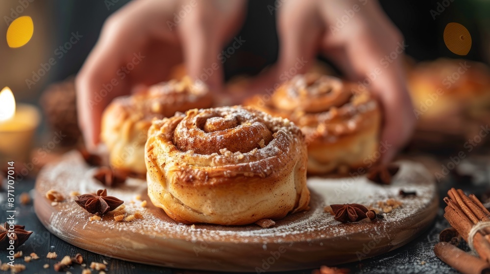 Freshly baked cinnamon rolls with powdered sugar Freshly baked cinnamon rolls with powdered sugar