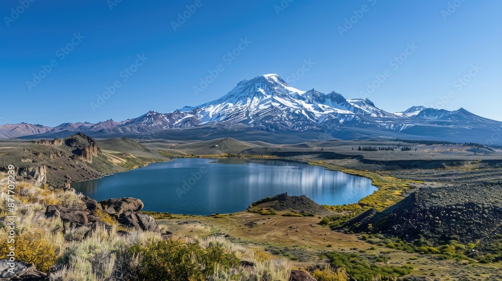 Naklejka premium Snow capped peak overlooking lake and valley beneath clear sky on a bright day