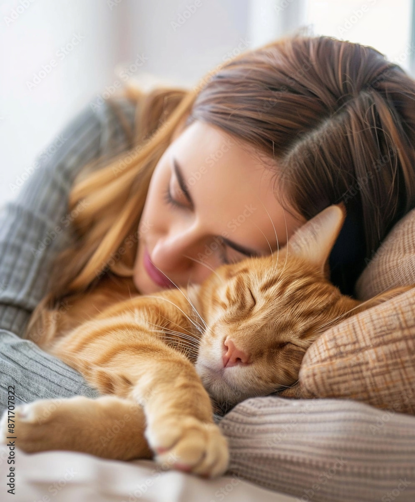 Girl sleeps hugging her sleeping pet cat Girl sleeps hugging her sleeping pet cat