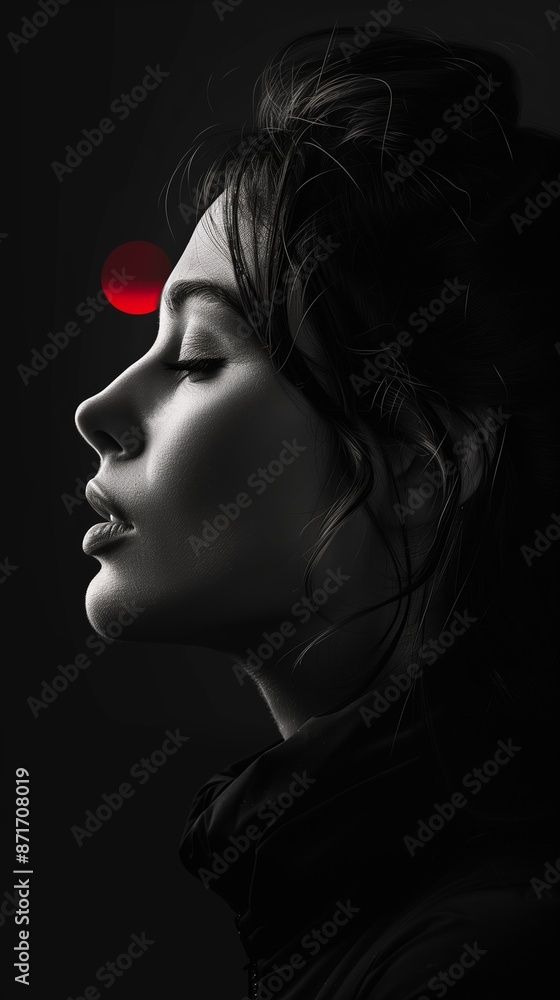 Woman's Profile With Red Orb in Dark Setting Woman's Profile With Red Orb in Dark Setting