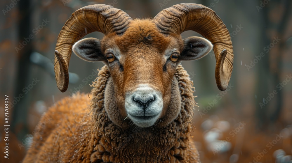 Brown ram with horns in forest Brown ram with horns in forest