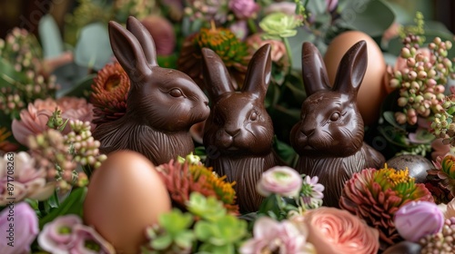 Chocolate bunnies nestled in easter flowers