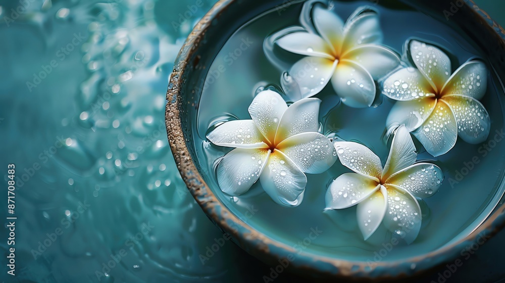 A serene spa setting with floating plumeria flowers in a water bowl, ample copy space A serene spa setting with floating plumeria flowers in a water bowl, ample copy space
